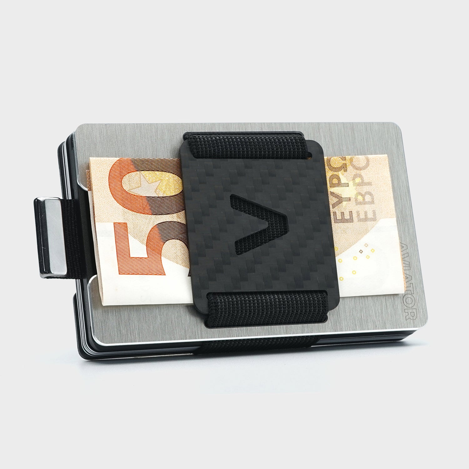 Aviator Wallet Brushed Silber mit Carbon Cash Clip und Kleingeldfach